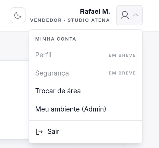 O menu Minha conta aberto, mostrando Perfil e Segurança marcados como em breve.